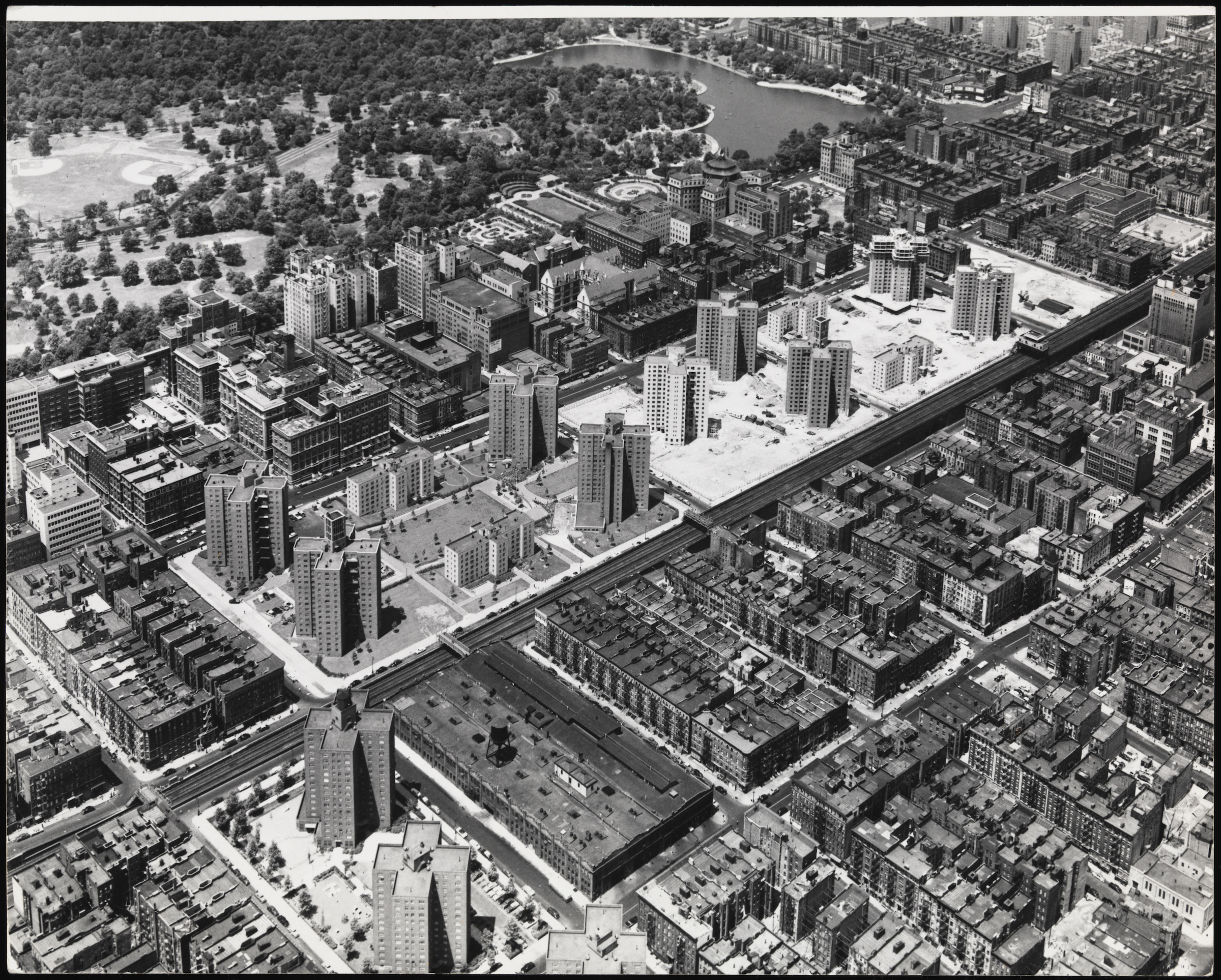 Black and white photograph taken from aerial view of New York City
