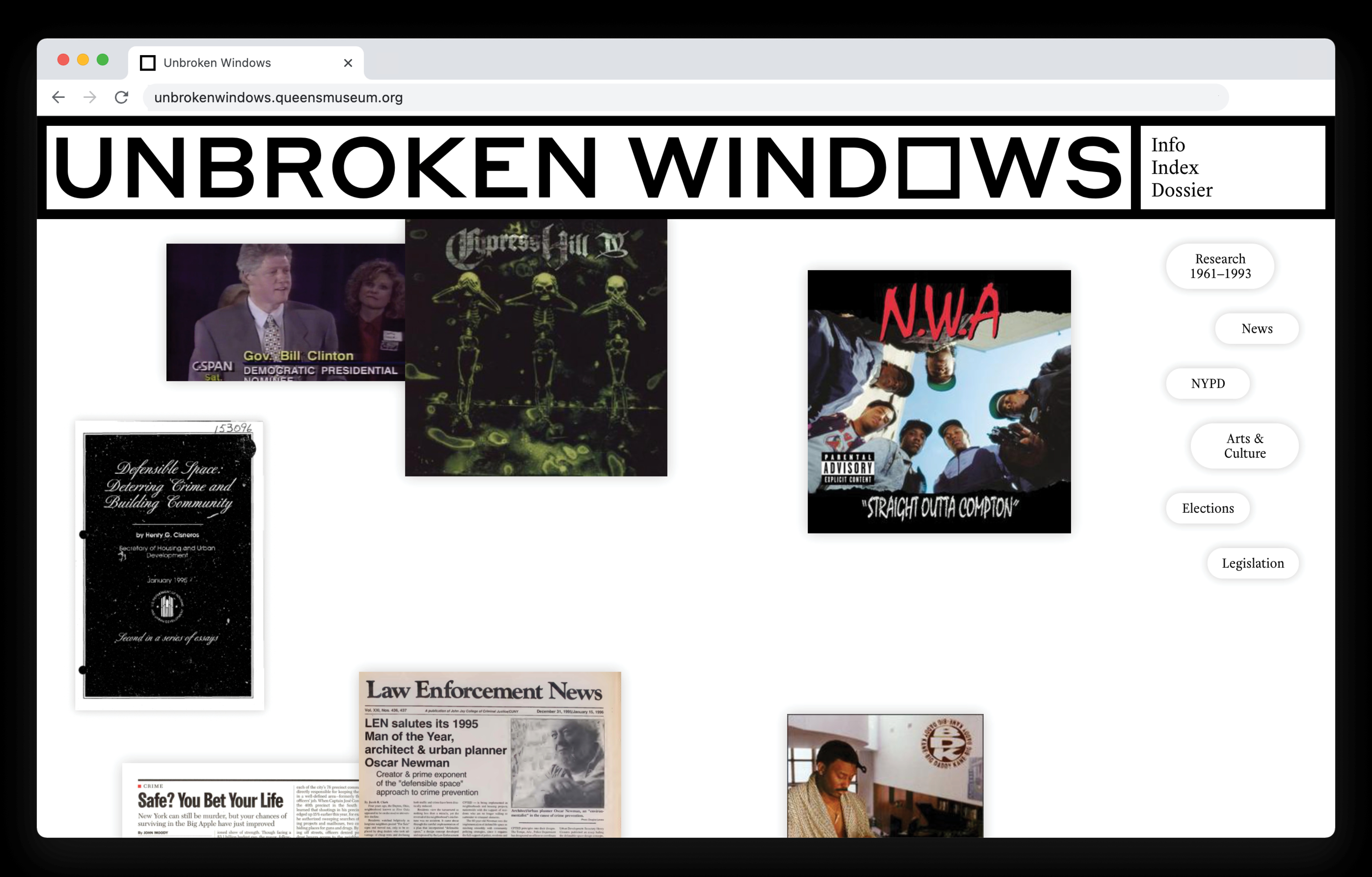 A black frame surrounds an image of an internet browser window with various multimedia items scattered around it. Along the top, black, all-caps text reads: "UNBROKEN WINDOWS." 