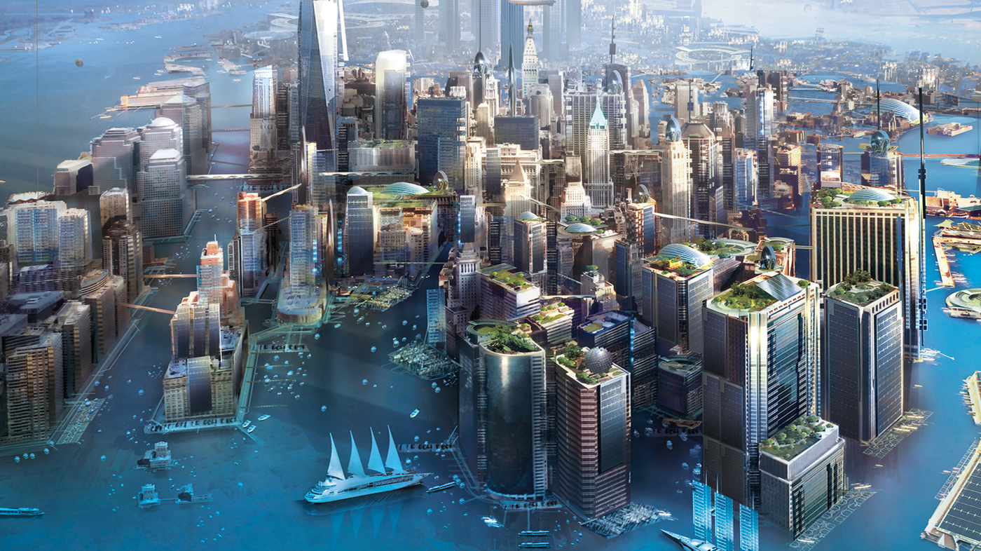 A photorealistic image of New York submerged under water