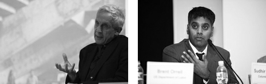 Collage of two photos of people speaking at the symposium