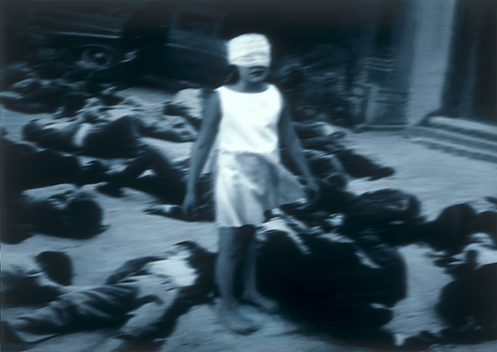 Screenshot of black and white film of girl with her eyes covered with white cloth
