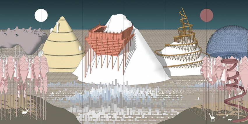 A drawing depicting various peaks and an array of boxes representing the city below.