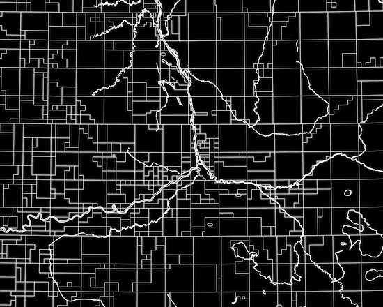 A geographic map on black background with white lines