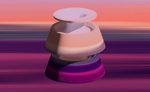 On a pink and purple, blurred background, a cylindrical shape with matching colors and pattern floats and spins in the middle of the image 