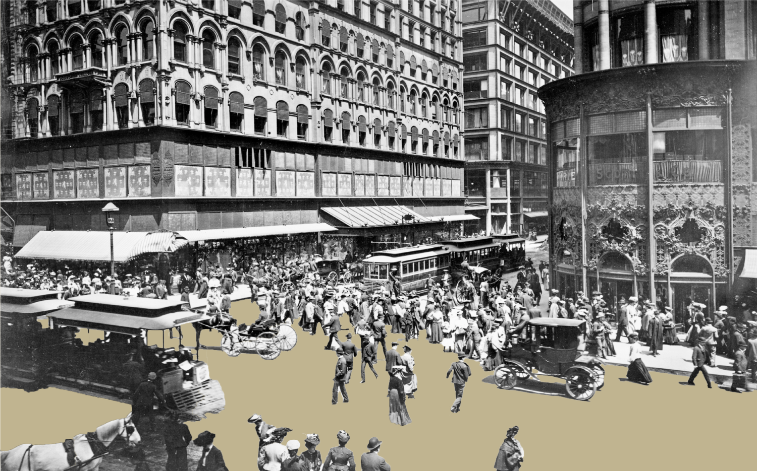 A black-and-white image is cut up to reveal human figures moving in an urban setting, where the background streetscape has largely been removed. The buildings remain. 