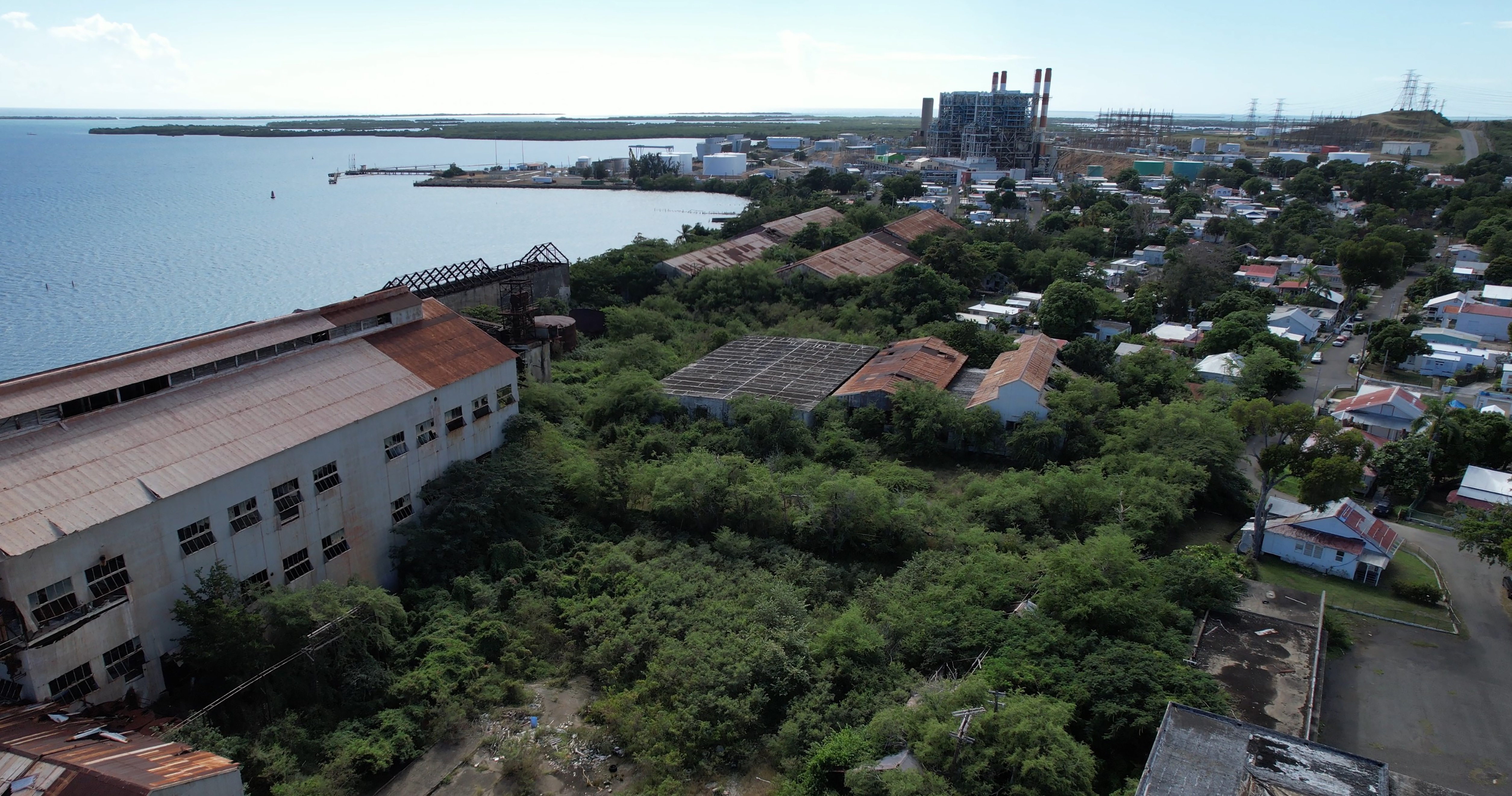 This image shows an urban area that seems to have once hosted industrial activity but is now largely covered in vegetation. A more densely built area is visible in the background.