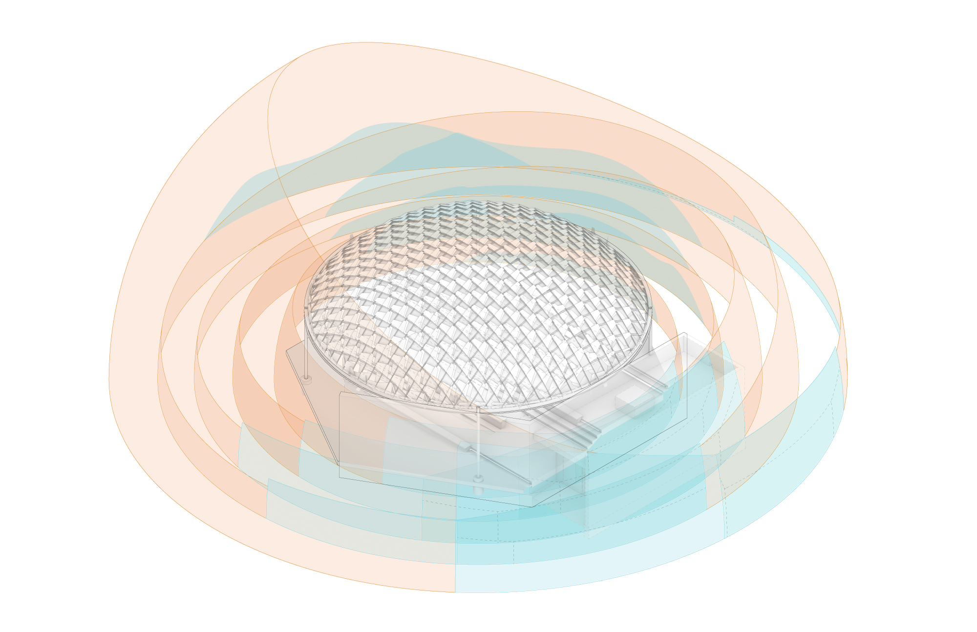 Concentric circles of pink and green radiate out from a domed structure in this line drawing