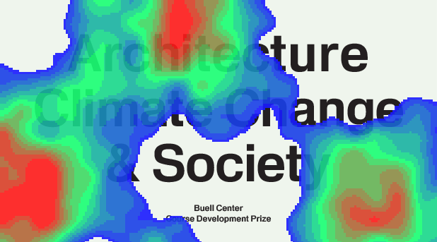 Under red, green, and blue doppler-like effects, text reads "Course Development Prize in Architecture, Climate Change, and Society."
