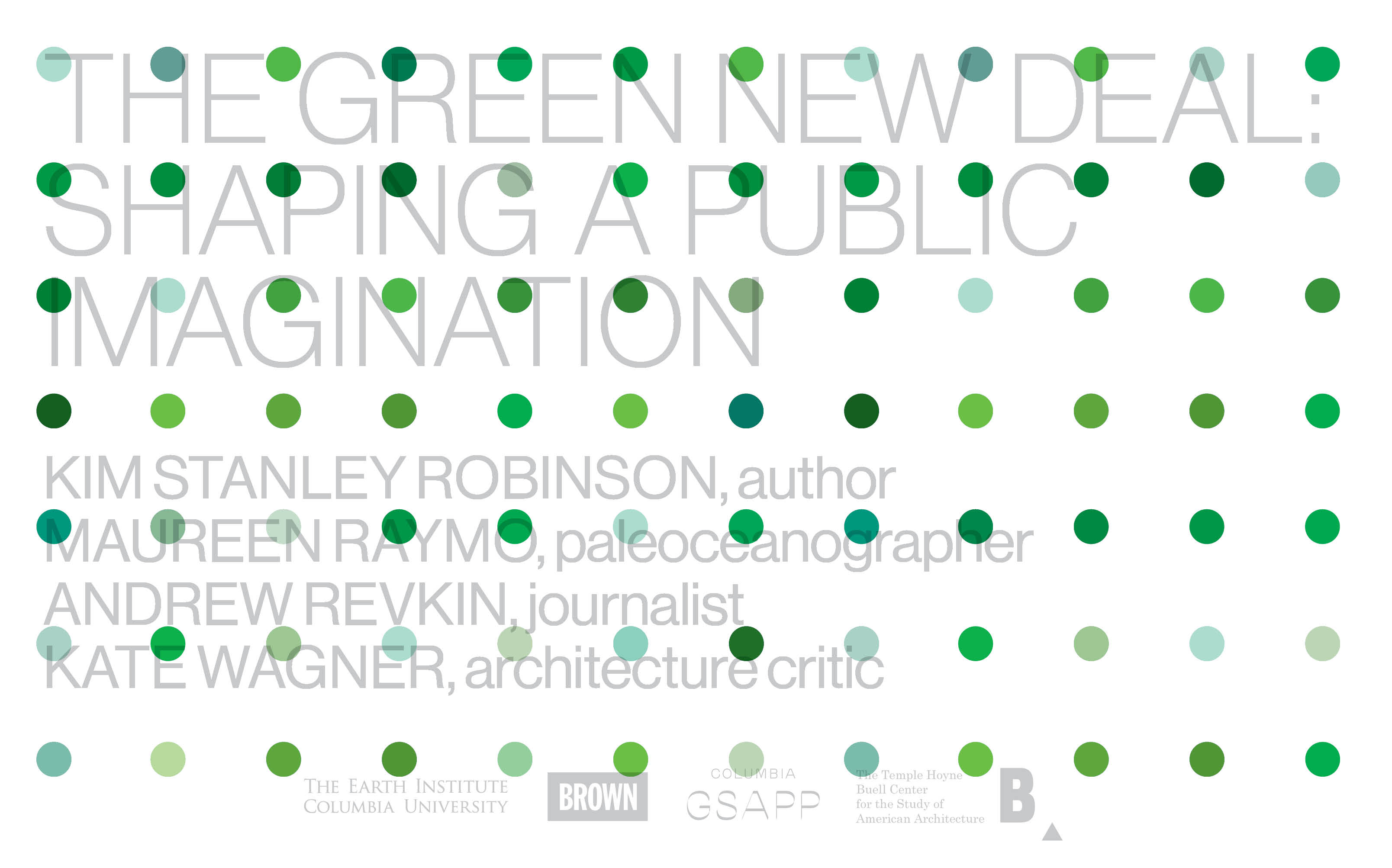 A grid of variously green dots overlays grey text with the event title, participant names, and sponsoring institution logos