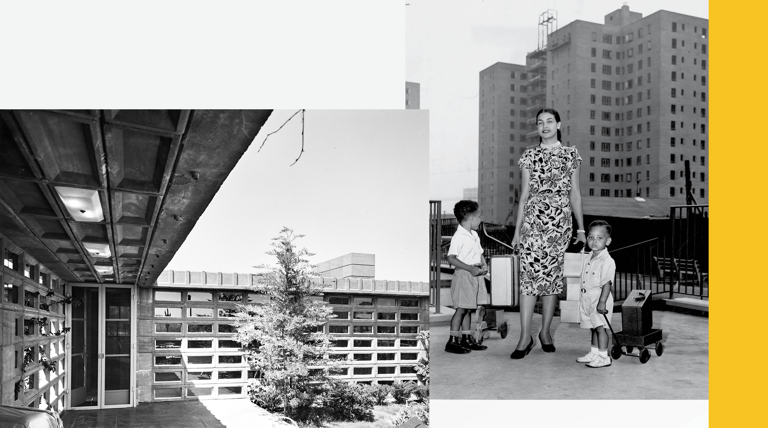 Collage of photographs of Mattie Carrie Faulkner and her two children moving in, July 29, 1947 and View of Benjamin Adelman House