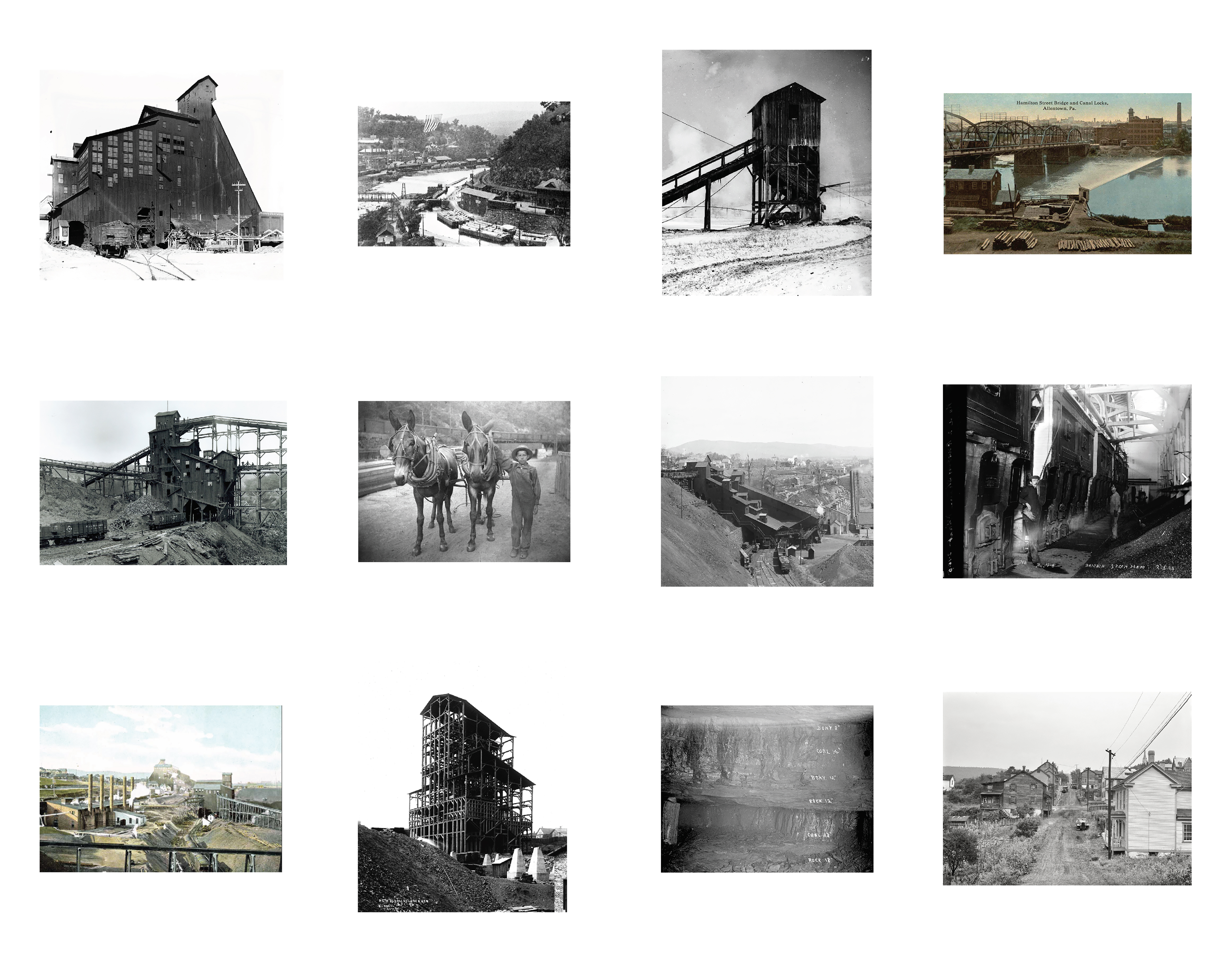 A grid of twelve photographs, mostly black and white, showing scenes related to 19th century coal production